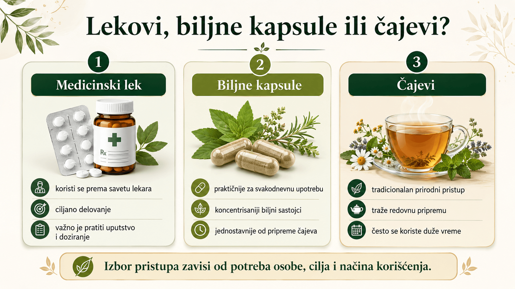 Infografik koji prikazuje razliku između lekova, biljnih kapsula i čajeva protiv parazita