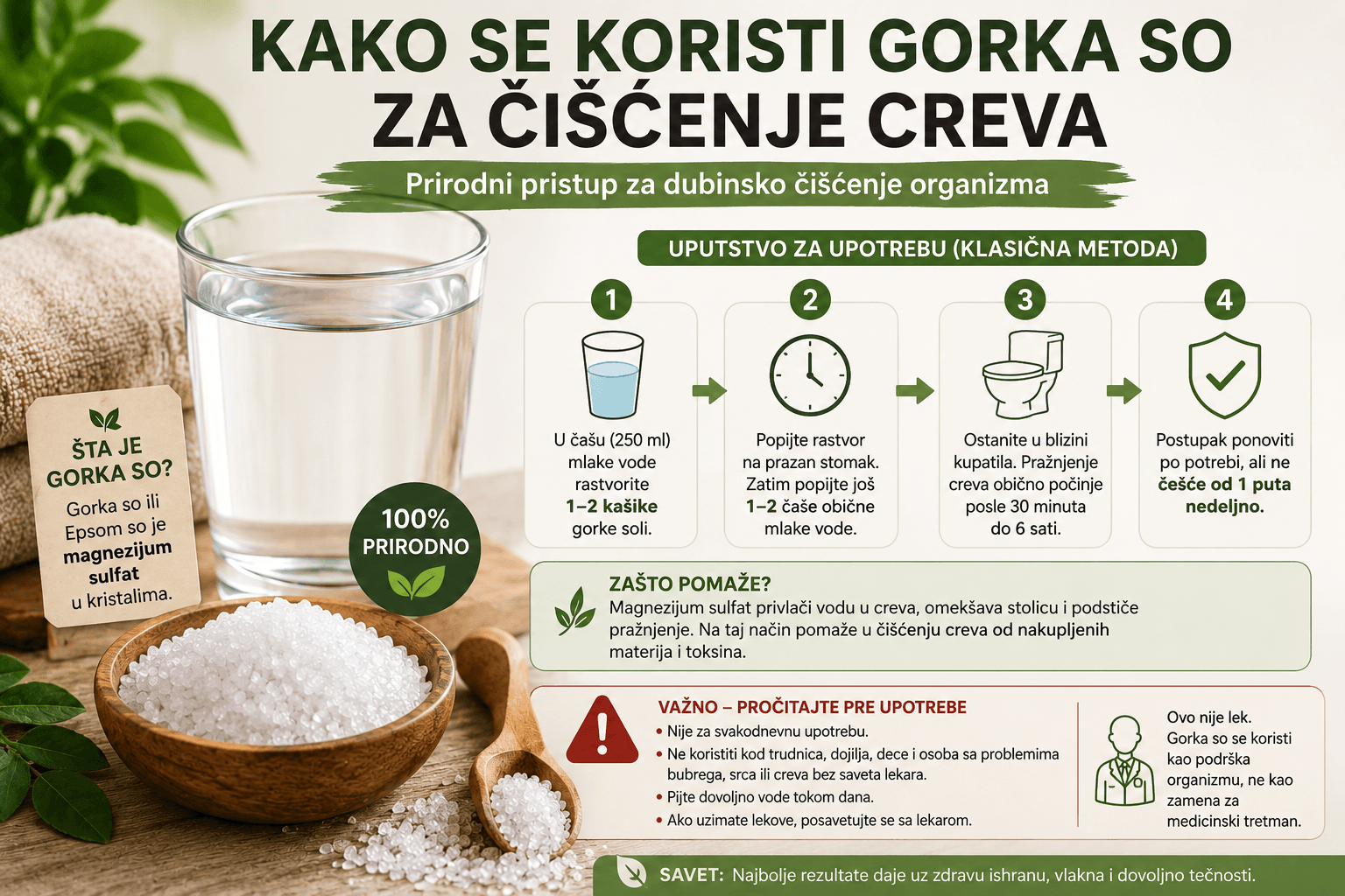 Kako se koristi gorka so za čišćenje creva, doziranje i uputstvo