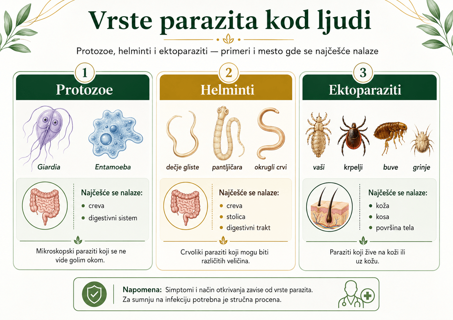 Vrste parazita kod ljudi: protozoe, helminti i ektoparaziti