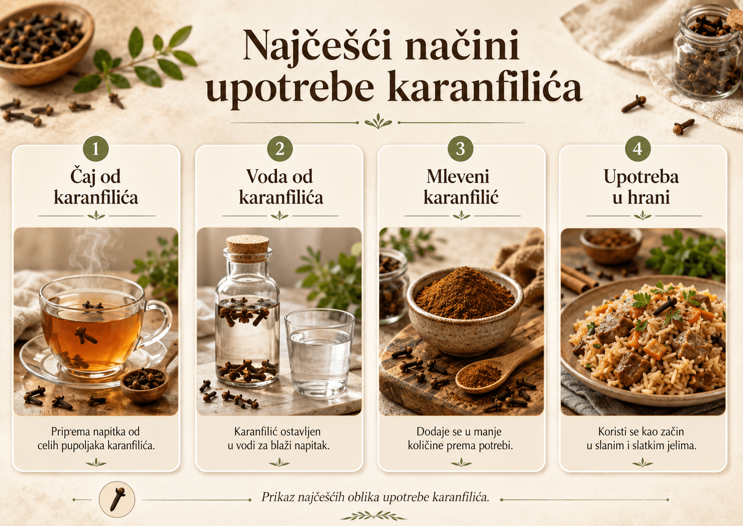 Čaj od karanfilića, voda od karanfilića i mleveni karanfilić u svakodnevnoj upotrebi