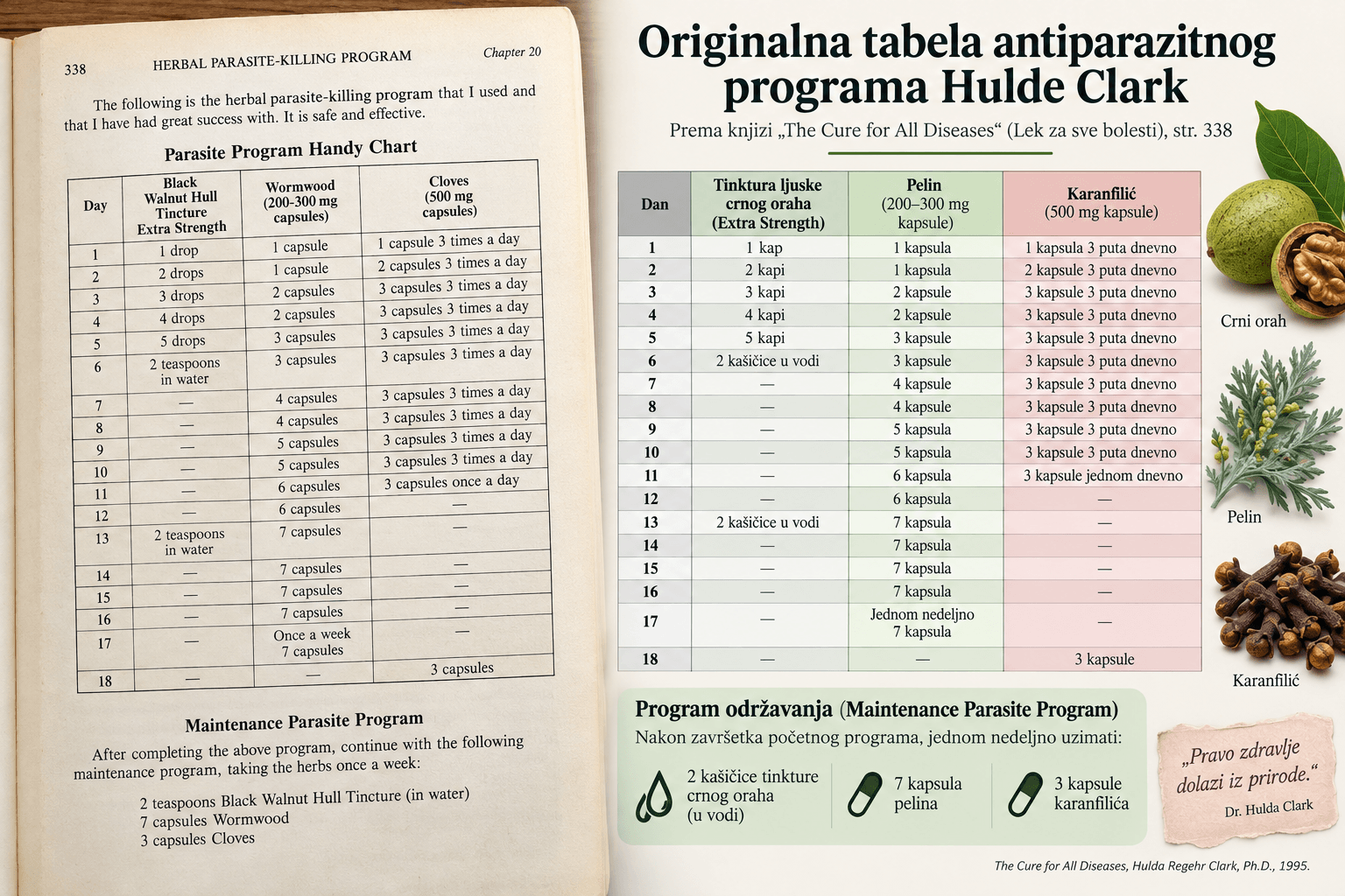 Originalna tabela antiparazitnog programa Hulde Clark iz knjige Lek za sve bolesti